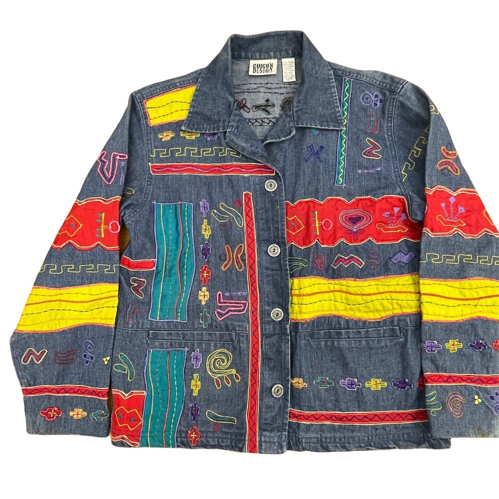 Chicos Design Sz 0 Denim Blue Jean‎ Jacket Small Applique Embroidered Boho Vtg